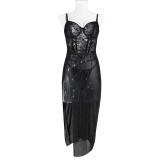 Women's Mesh Beaded Crystal Lace See-Through High Slit Lace-Up Slip Dress