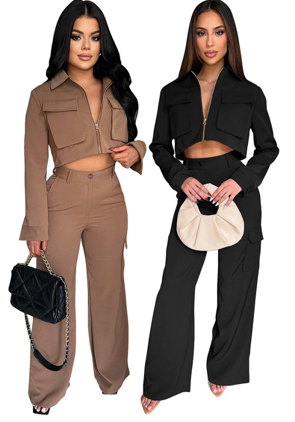Women's Long Sleeve Turndown Collar Zipper Top Cargo Pants Set