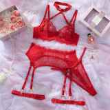 Women's Lingerie Lace Trim See-Through Halter Neck Bra Garter Set