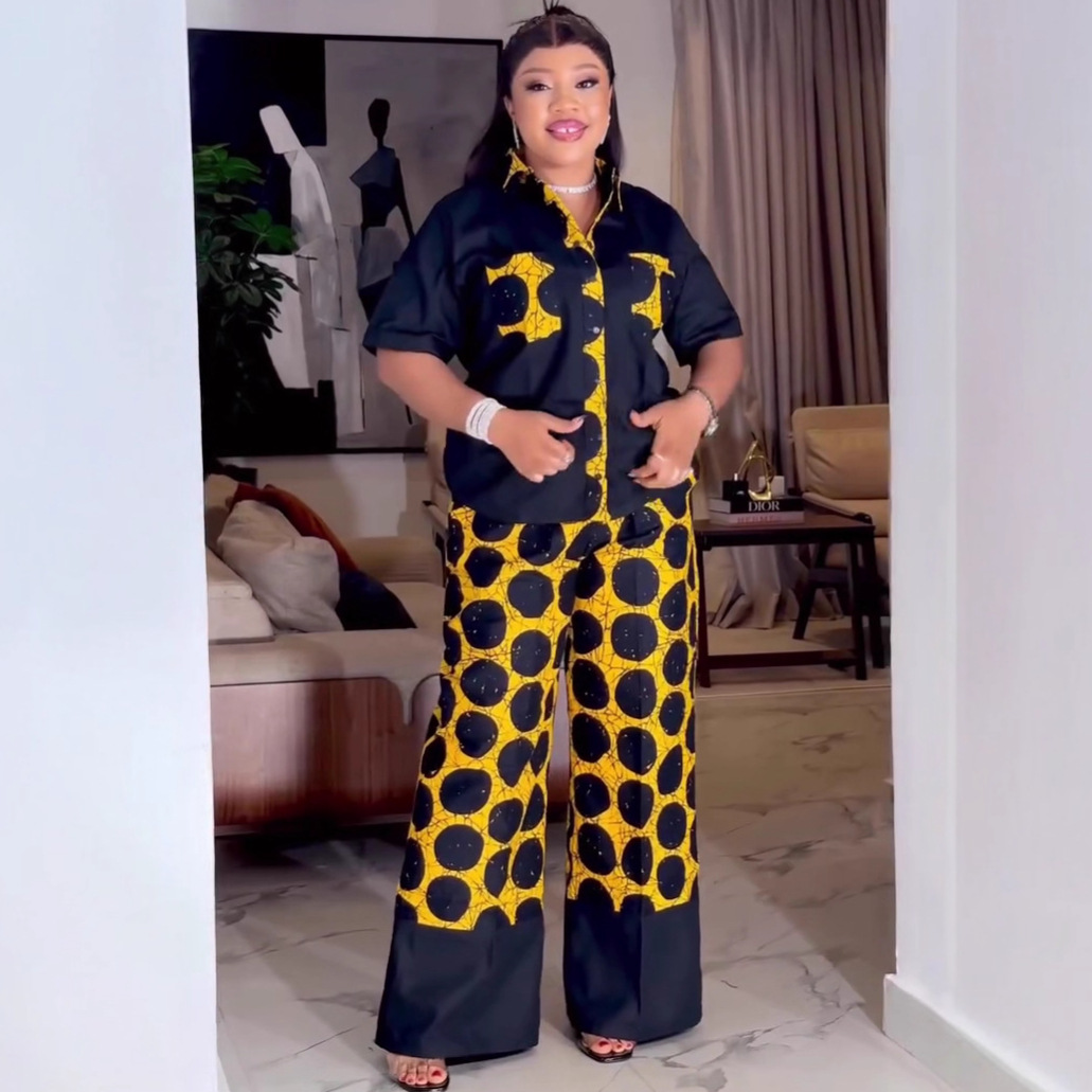 Women's Plus Size Polka Dot Turndown Collar African Pants Set