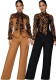 Women's Autumn Fashion Leopard Print Tie Neck Casual Two Piece Pants Set