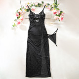 Women's Mesh Beaded Crystal Lace See-Through High Slit Lace-Up Slip Dress