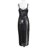 Women's Mesh Beaded Crystal Lace See-Through High Slit Lace-Up Slip Dress