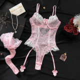 Women's Lingerie Color Block Pink Patchwork Stretch Tight Fitting Bodysuit
