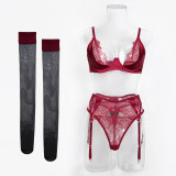 Women's Lingerie See-Through Lace Embroidered Trim Bra Set