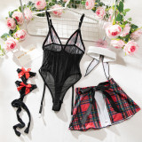 Women's Lingerie Red Grid Uniform Bow Maid Four-Piece Set