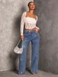 Women's Mid Rise Stretch Irregular Beaded Loose Slim Fit Denim Pants