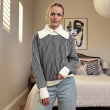 Women's Autumn Winter Casual Turndown Collar Patchwork Striped Sweater