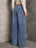 Women's Mid Rise Stretch Irregular Beaded Loose Slim Fit Denim Pants