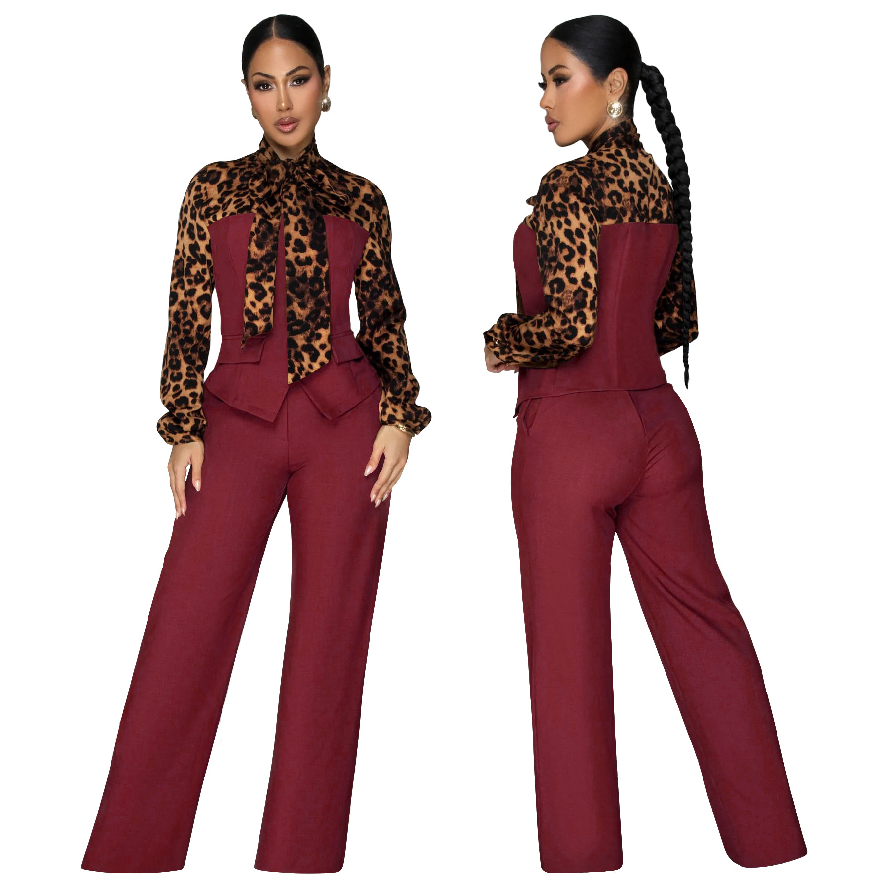 Women's Autumn Fashion Leopard Print Tie Neck Casual Two Piece Pants Set