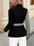Women's Autumn Color Block Patchwork Irregular Turndown Collar Tie Belt Slim Waist Blazer