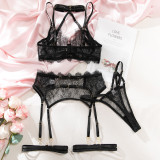Women's Lingerie Lace Trim See-Through Halter Neck Bra Garter Set