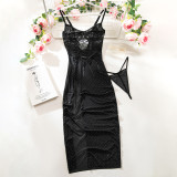 Women's Mesh Beaded Crystal Lace See-Through High Slit Lace-Up Slip Dress