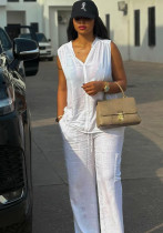 Women's Sleeveless V-Neck Solid Color High Waist African Trendy Pants Set