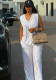 Women's Sleeveless V-Neck Solid Color High Waist African Trendy Pants Set