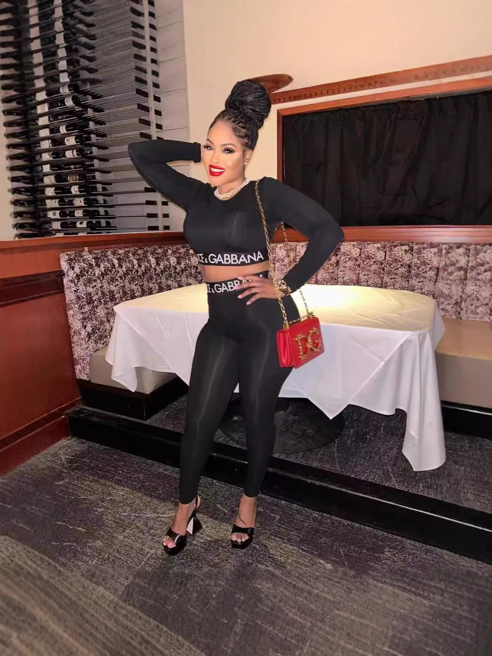 Women's American Sexy Long Sleeve Crop Top Tight Fitting Sport Pants Set