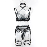 Women's Lingerie Lace Trim See-Through Halter Neck Bra Garter Set