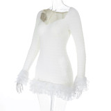 Women's Autumn Textured Lace Trim Long Sleeve Slim Fit Dress