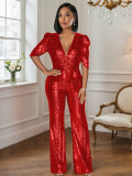 Sexy V-Neck Half-Sleeve Slim Sequin Women Party Jumpsuit