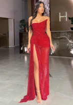 Women's Spring/Autumn Sequin Slash Shoulder Slit Party Dress