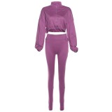 Women Sexy Drawstring Zipper Crop Top and Solid Pants Two Piece Set