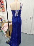 Women sexy one-shoulder slash shoulder sequined evening dress（Tie-Straps）