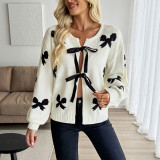 Women's Autumn Casual Knit Jacquard Bow Tie-Front Cardigan