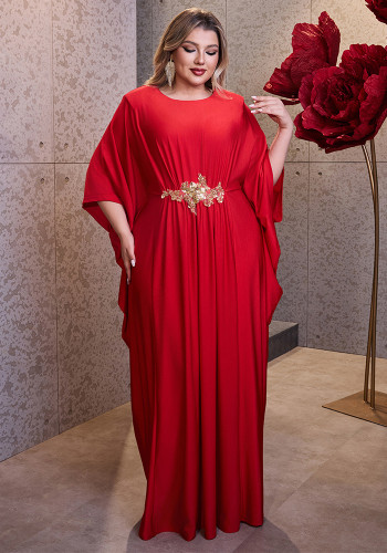 Plus Size Women's Fashion Slim Waist Solid Color Chic Maxi Dress