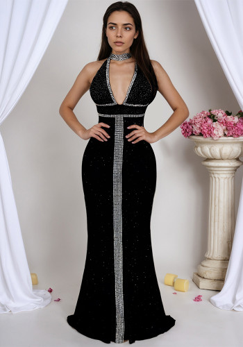Women's Halter Neck Low Back Rhinestone Bodycon Evening Dress