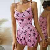 Women's Sweet Heart Print Lace Trim Sleepwear Set