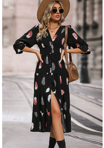 Women's Spring/Autumn Elegant Multi-Color Feather Print Three-Quarter Sleeve Dress