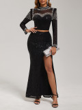 Women's Mesh Rhinestone Top and Irregular Sequin Skirt Two-Piece Set