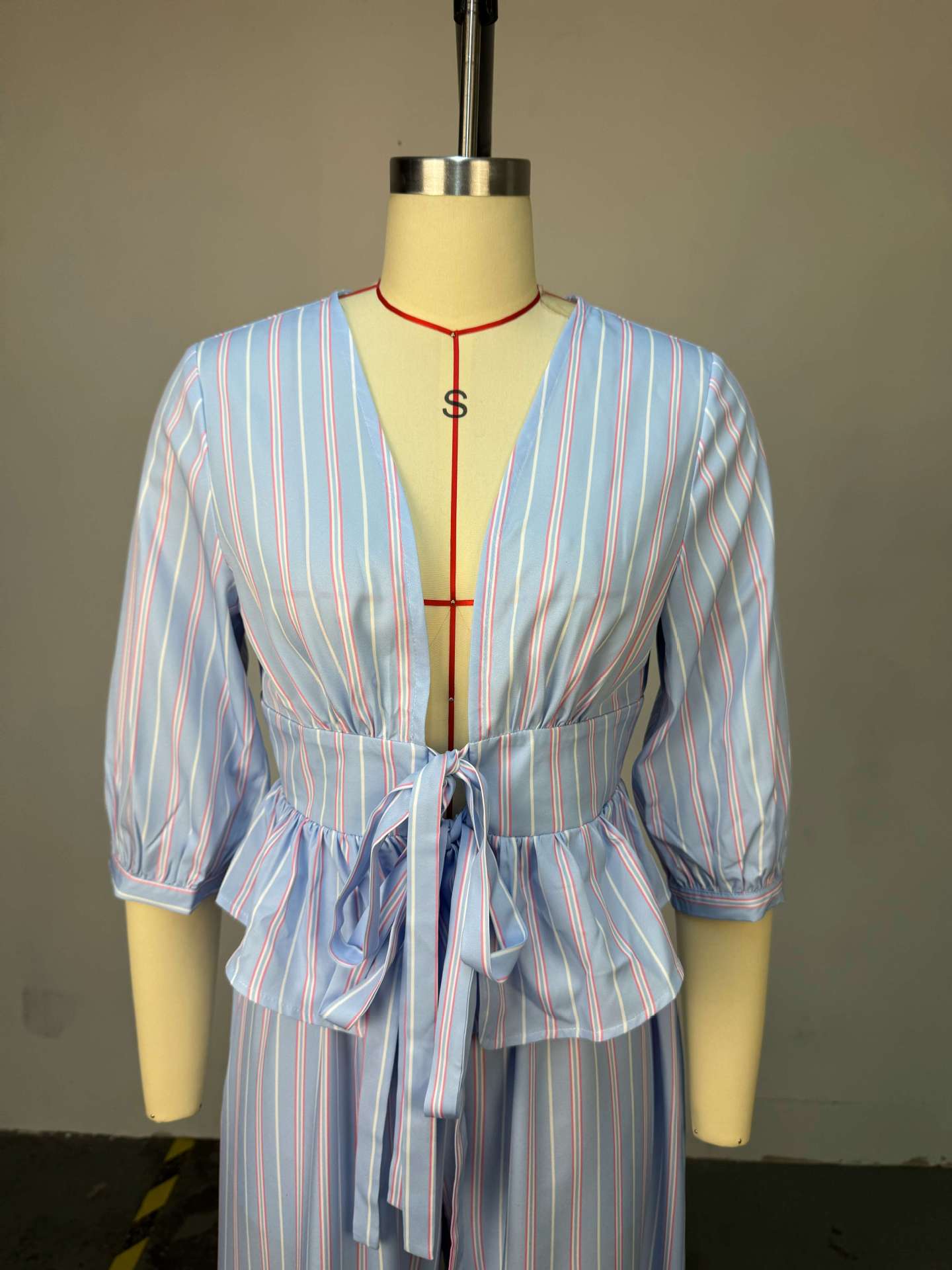 Women's Autumn Sweet V-Neck Striped Tie-Front Shirt and Pants Casual Set