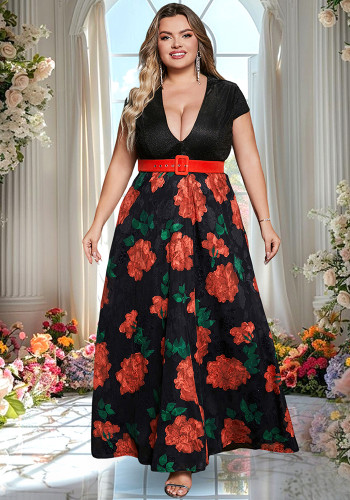 Plus Size Women's Printed Patchwork Slim Waist Color-Block Chic Dress