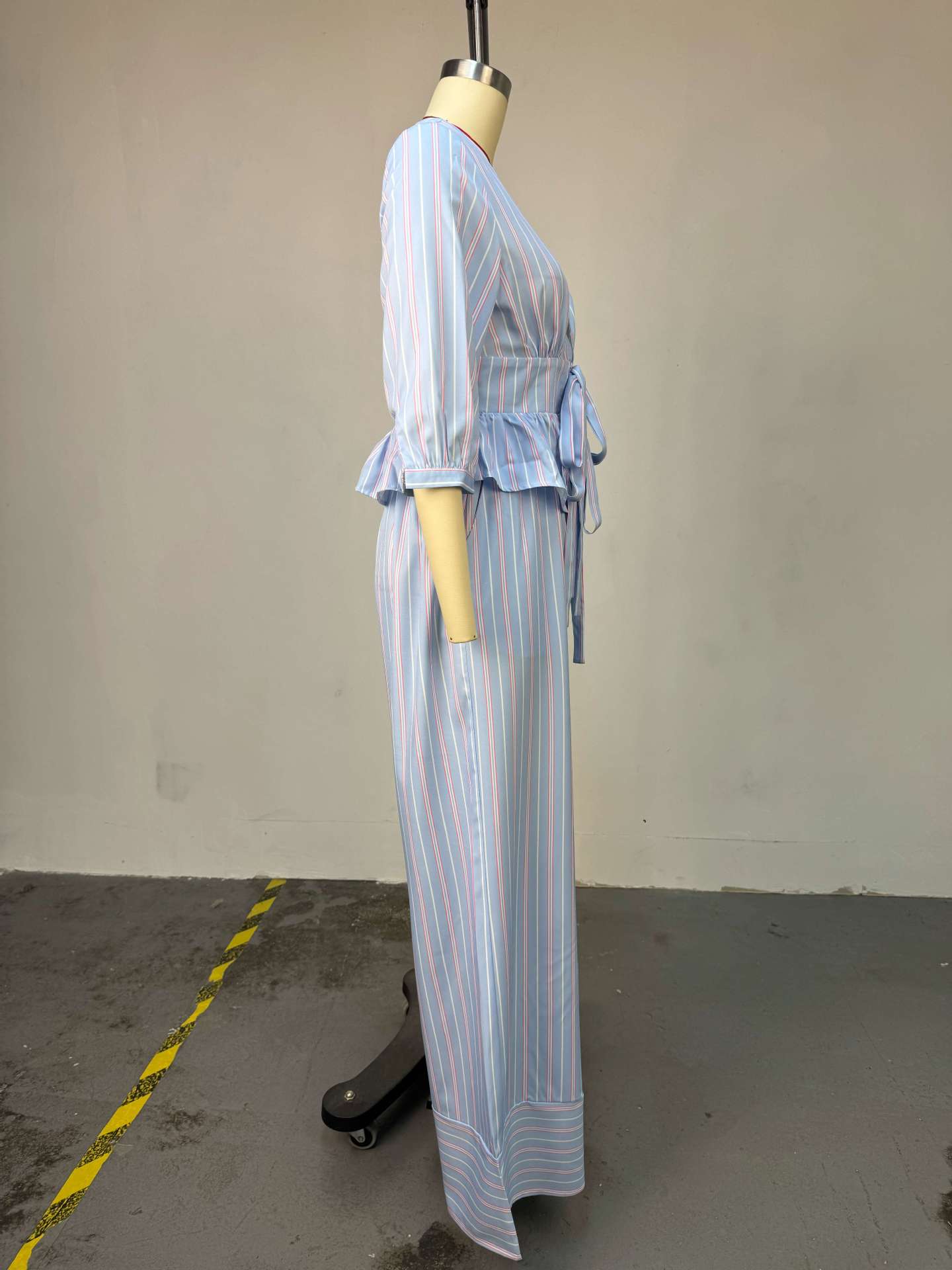 Women's Autumn Sweet V-Neck Striped Tie-Front Shirt and Pants Casual Set