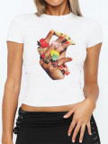 Women's Summer American Style Lips Print Crop T-Shirt