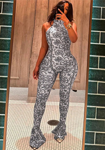 Women's Summer Print Sleeveless High-Waist Low Back Jumpsuit