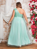 Plus Size Women's Elegant Sequin Patchwork Mesh Slash Shoulder Party Dress