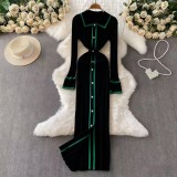Women's Autumn Turndown Collar Button-Front Fitted Knit Dress