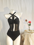 Women's Sexy Lace-Up Cut-Out Black Mesh Bodysuit