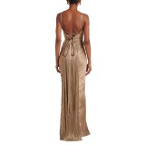 Women's Pleated Shiny Tie-Waist Casual Party Dress