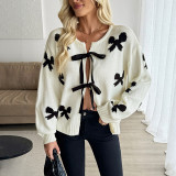 Women's Autumn Casual Knit Jacquard Bow Tie-Front Cardigan