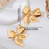 Women's Pair of Elegant Bow-Shaped Gold Metal Earrings
