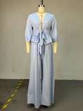 Women's Autumn Sweet V-Neck Striped Tie-Front Shirt and Pants Casual Set