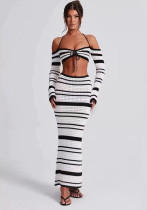 Women's Knit Tie-Front Crop and Bohemian Color-Block Sweater with Skirt Set