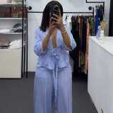 Women's Autumn Sweet V-Neck Striped Tie-Front Shirt and Pants Casual Set
