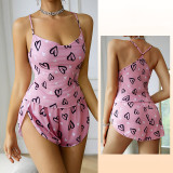 Women's Sweet Heart Print Lace Trim Sleepwear Set