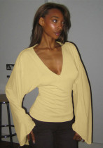 Women's Summer/Autumn Solid V-Neck Bell Sleeve Fitted T-Shirt