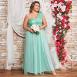 Plus Size Women's Elegant Sequin Patchwork Mesh Slash Shoulder Party Dress