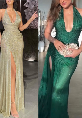 Women's Spring/Autumn Sequin Halter Neck Slit Casual Party Dress